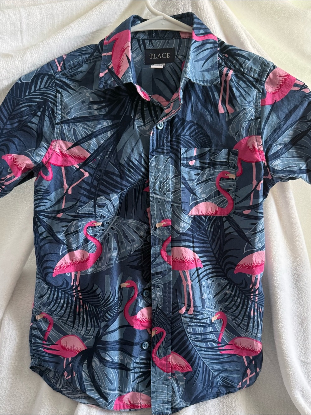 The Children's Place Navy Button-Down Shirt with Pink Flamingo Print